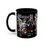 Money Bright Angel Accent Coffee Mug 11oz 15oz Gothic Statue Black Ceramic Cup with Red Flames and Cash Design for Hustlers