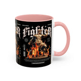 Fighter Accent Coffee Mug 11oz 15oz Black Ceramic Cup with Greek Warrior Statue and Flames Design for Hustlers and Motivated Minds