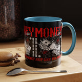 Money Ambition Accent Coffee Mug 11oz 15oz Black Ceramic Cup with Bold Red Typography and Cash Stack Design for Entrepreneurs and Hustlers