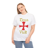 Deus Vult Unisex T Shirt Medieval Crusader Cross Graphic Tee Warrior Knight Inspired Vintage Christian Symbol Heavy Cotton Streetwear