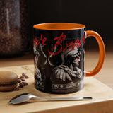 Brave Soul Warrior Accent Coffee Mug 11oz 15oz Black Ceramic Two Tone Cup Bold Statue Design with Red Script Gift for Coffee Lovers