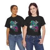 Seahorse Knight Neon Warrior Unisex Heavy Cotton Tee Futuristic Cyberpunk Fantasy Streetwear T Shirt Vibrant Medieval Armor Design Perfect For Gamers Dreamers And Art Lovers