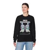 Neo Invaders Futuristic Holographic Graphic Unisex Heavy Blend Crewneck Sweatshirt Sci Fi Cyberpunk Streetwear Bold Statement Pullover