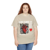 Heart Flower Graphic Unisex Heavy Cotton Tee Comfortable Streetwear T Shirt Bold Red and Black Floral Heart Design Symbol of Love Strength and Vitality Perfect Gift for Friends Birthdays and Casual Everyday Wear