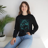 Prehistoric Thunder Unisex Crewneck Sweatshirt Electric Blue Neon Raptor Storm Design Bold Streetwear for Dino Lovers Artists and Urban Dreamers