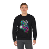 Seahorse Knight Neon Warrior Unisex Heavy Blend Crewneck Sweatshirt Vibrant Cyberpunk Fantasy Streetwear Pullover Futuristic Oceanic Armor Design For Gamers Creators Dreamers And Art Lovers