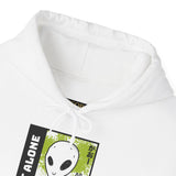 Not Alone Alien Unisex Hoodie UFO Graphic Pullover Sweatshirt Cartoon Extraterrestrial Sci Fi Space Themed Conspiracy Inspired Paranormal Streetwear