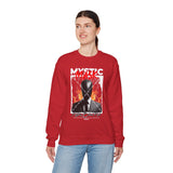 Mystic Mask Flames Graphic Unisex Heavy Blend Crewneck Sweatshirt Hustler Streetwear Motivational Dark Mystery Bold Fire Design