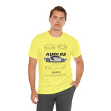 White Mid Engine Sports Coupe Blueprint Artwork Unisex Heavy Cotton Tee High Performance Inspired Streetwear Graphic Shirt For Car Enthusiasts And Automotive Art Fans
