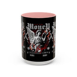Money Bright Angel Accent Coffee Mug 11oz 15oz Gothic Statue Black Ceramic Cup with Red Flames and Cash Design for Hustlers