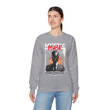 Mystic Mask Flames Graphic Unisex Heavy Blend Crewneck Sweatshirt Hustler Streetwear Motivational Dark Mystery Bold Fire Design