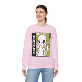 Not Alone Alien Unisex Crewneck Sweatshirt UFO Cartoon Graphic Pullover Extraterrestrial Sci Fi Space Themed Conspiracy Inspired Paranormal Streetwear