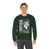 Universe Beyond The Cosmos Unisex Heavy Blend Crewneck Sweatshirt Graphic Pullover Black Skeleton Hand Space Infinity Streetwear Futuristic Sci Fi Artistic Fashion Outfit