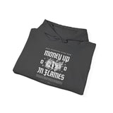 Money Up In Flames Unisex Heavy Blend Hooded Sweatshirt Graphic Hoodie Black Bold Hustle Fire Money Design Streetwear Entrepreneur Alpha Mindset Wealth Fashion