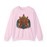 Unisex Mythical Tribal Mask Crewneck Sweatshirt Heavy Blend Pullover Cultural Warrior Spirit Inspired Festival Graphic Art Streetwear Top
