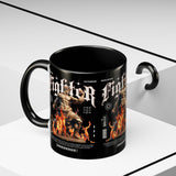Fighter Accent Coffee Mug 11oz 15oz Black Ceramic Cup with Greek Warrior Statue and Flames Design for Hustlers and Motivated Minds