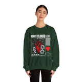 Heart Flower Graphic Unisex Heavy Blend Crewneck Sweatshirt Comfortable Streetwear Pullover Bold Red and Black Floral Heart Design Symbol of Love Strength and Vitality Perfect Gift for Friends...
