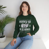 Money Up In Flames Unisex Heavy Blend Crewneck Sweatshirt Graphic Pullover Black Hustler Fire Money Design Bold Streetwear Entrepreneur Alpha Mindset Wealth Fashion