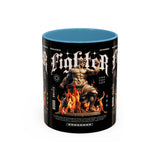 Fighter Accent Coffee Mug 11oz 15oz Black Ceramic Cup with Greek Warrior Statue and Flames Design for Hustlers and Motivated Minds
