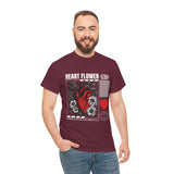 Heart Flower Graphic Unisex Heavy Cotton Tee Comfortable Streetwear T Shirt Bold Red and Black Floral Heart Design Symbol of Love Strength and Vitality Perfect Gift for Friends Birthdays and Casual Everyday Wear