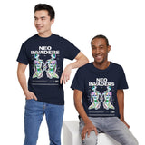 Neo Invaders Futuristic Holographic Graphic Unisex Heavy Cotton Tee Bold Sci Fi Cyberpunk Streetwear Statement T Shirt