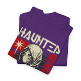 Haunted Warrior Unisex Heavy Cotton Tee Graphic Black T Shirt Bold Red Samurai Ninja Inspired Futuristic Streetwear Artistic Fashion Outfit