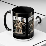 Hermes Accent Coffee Mug 11oz 15oz Black Ceramic Mythology Cup with Greek God Winged Statue Design for History Lovers and Art Enthusiasts