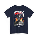 Mystic Mask Flames Graphic Unisex Heavy Cotton Tee Hustler Streetwear Motivational Dark Mystery Bold Design