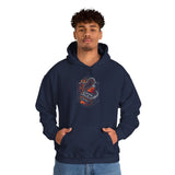 Inferno Spirit Fiery Dragon Whiskey Bottle Unisex Heavy Blend Hooded Sweatshirt Bold Streetwear Biker Inspired Tattoo Art Flame Design Symbol of Strength Rebellion and Passion