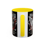 Money Bright Accent Coffee Mug 11oz 15oz Black Ceramic Gothic Angel Statue Design with Red Neon Artwork for Hustlers and Bold Thinkers