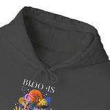 Blooms Person Unisex Heavy Blend Hooded Sweatshirt Graphic Hoodie Black Abstract Colorful Floral Head Artistic Streetwear Modern Creative Futuristic Fashion Outfit