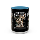Hermes Accent Coffee Mug 11oz 15oz Black Ceramic Mythology Cup with Greek God Winged Statue Design for History Lovers and Art Enthusiasts