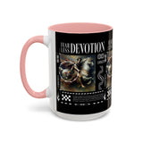 Fearless Devotion Accent Coffee Mug 11oz 15oz Black Ceramic Cup with Warrior on Horse Artwork for Courage Loyalty and Strength Lovers