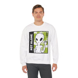 Unisex Not Alone Alien Crewneck Sweatshirt UFO Cartoon Graphic Pullover Extraterrestrial Sci Fi Space Themed Conspiracy Inspired Paranormal Streetwear