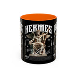 Hermes Accent Coffee Mug 11oz 15oz Black Ceramic Mythology Cup with Greek God Winged Statue Design for History Lovers and Art Enthusiasts