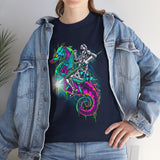 Seahorse Knight Neon Warrior Unisex Heavy Cotton Tee Futuristic Cyberpunk Fantasy Streetwear T Shirt Vibrant Medieval Armor Design Perfect For Gamers Dreamers And Art Lovers