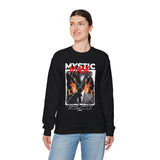 Mystic Mask Flames Graphic Unisex Heavy Blend Crewneck Sweatshirt Hustler Streetwear Motivational Dark Mystery Bold Fire Design