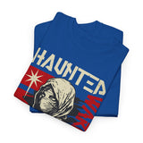 Haunted Warrior Unisex Heavy Cotton Tee Graphic Black T Shirt Bold Red Samurai Ninja Inspired Futuristic Streetwear Artistic Fashion Outfit