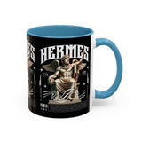 Hermes Accent Coffee Mug 11oz 15oz Black Ceramic Mythology Cup with Greek God Winged Statue Design for History Lovers and Art Enthusiasts
