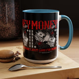 Money Ambition Accent Coffee Mug 11oz 15oz Black Ceramic Cup with Bold Red Typography and Cash Stack Design for Entrepreneurs and Hustlers