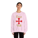 Unisex Deus Vult Crewneck Sweatshirt Medieval Crusader Cross Heavy Blend Fleece Pullover Warrior Knight Inspired Vintage Christian Symbol Streetwear
