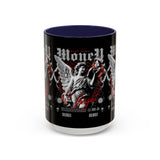 Money Bright Angel Accent Coffee Mug 11oz 15oz Gothic Statue Black Ceramic Cup with Red Flames and Cash Design for Hustlers