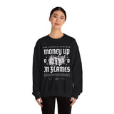 Money Up In Flames Unisex Heavy Blend Crewneck Sweatshirt Graphic Pullover Black Hustler Fire Money Design Bold Streetwear Entrepreneur Alpha Mindset Wealth Fashion