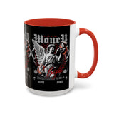 Money Bright Accent Coffee Mug 11oz 15oz Black Ceramic Gothic Angel Statue Design with Red Neon Artwork for Hustlers and Bold Thinkers