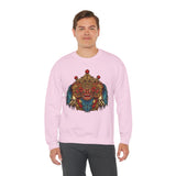 Mythical Tribal Mask Unisex Crewneck Sweatshirt Heavy Blend Pullover Cultural Warrior Spirit Inspired Festival Graphic Art Streetwear Top
