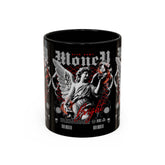 Money Bright Accent Coffee Mug 11oz 15oz Black Ceramic Gothic Angel Statue Design with Red Neon Artwork for Hustlers and Bold Thinkers