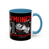 Money Ambition Accent Coffee Mug 11oz 15oz Black Ceramic Cup with Bold Red Typography and Cash Stack Design for Entrepreneurs and Hustlers