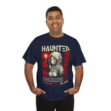 Haunted Warrior Unisex Heavy Cotton Tee Graphic Black T Shirt Bold Red Samurai Ninja Inspired Futuristic Streetwear Artistic Fashion Outfit
