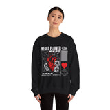 Heart Flower Graphic Unisex Heavy Blend Crewneck Sweatshirt Comfortable Streetwear Pullover Bold Red and Black Floral Heart Design Symbol of Love Strength and Vitality Perfect Gift for Friends Birthdays Cozy Days and Everyday Wear