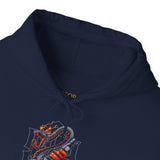 Inferno Spirit Fiery Dragon Whiskey Bottle Unisex Heavy Blend Hooded Sweatshirt Bold Streetwear Biker Inspired Tattoo Art Flame Design Symbol of Strength Rebellion and Passion